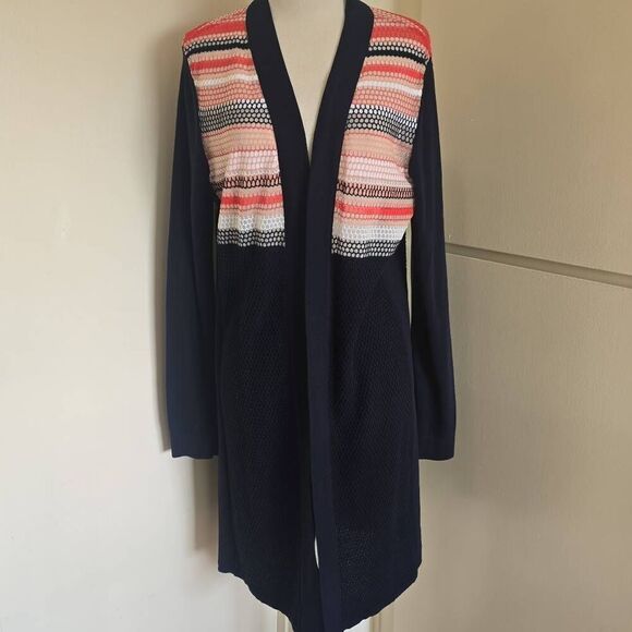MAGASCHONI BRAND. NAVY/ ORANGEBOMBRE STRIPE CARDIGAN LONG SLEEVE, NWOT, SZ. S - Picture 3 of 7